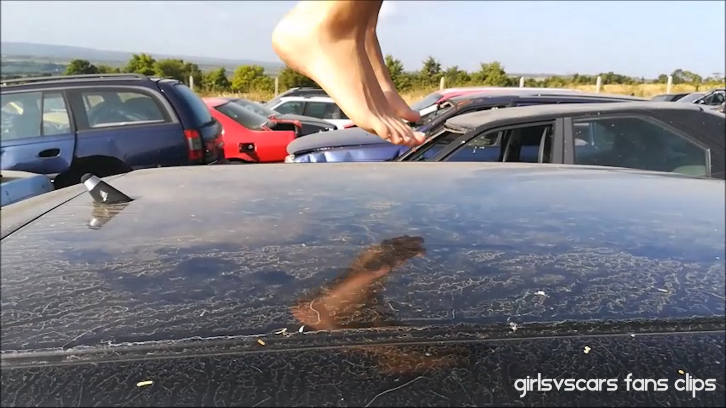 Barefoot walking and jumping on car roof