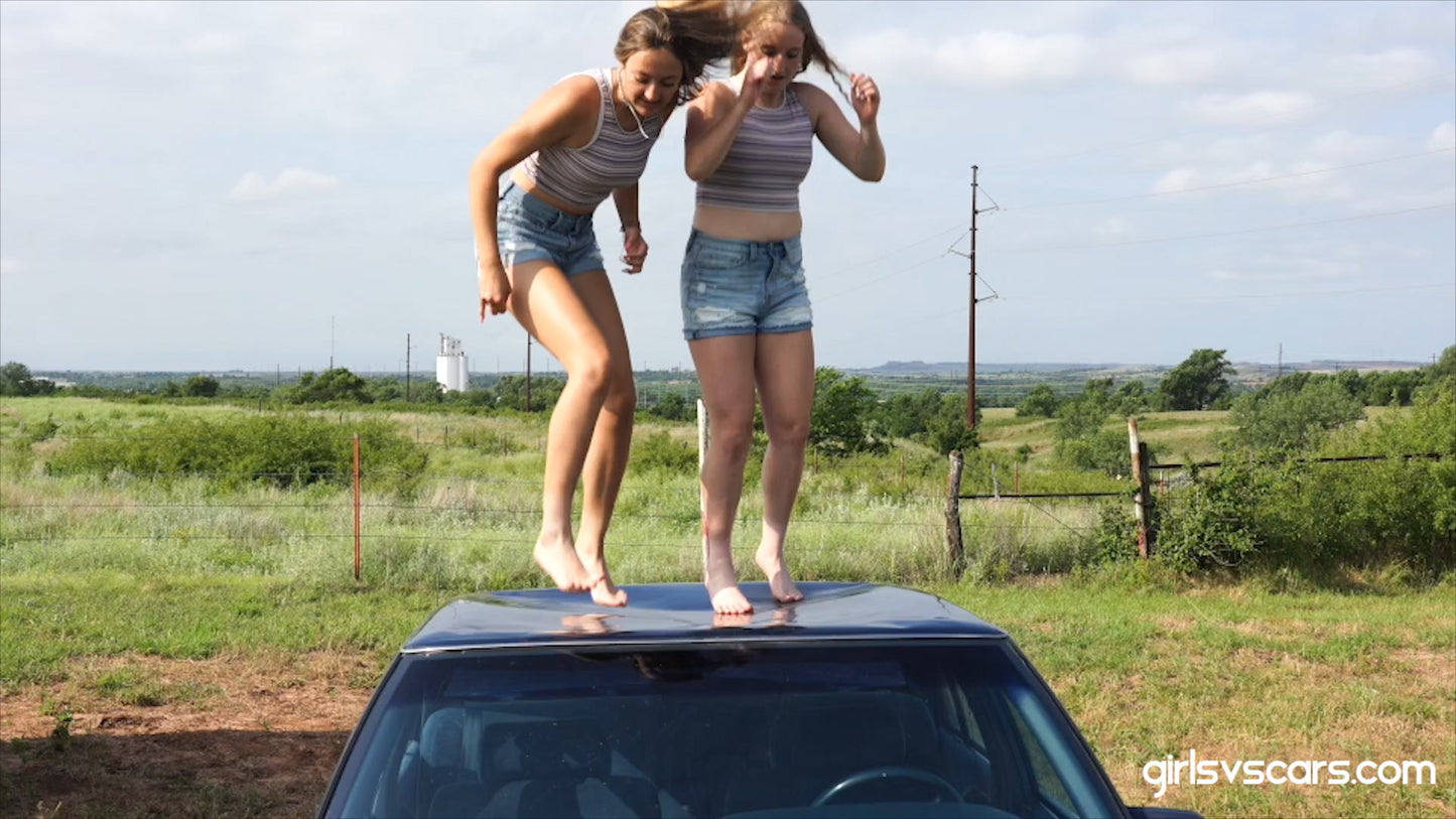 2 aspiring models pose and jump on a car